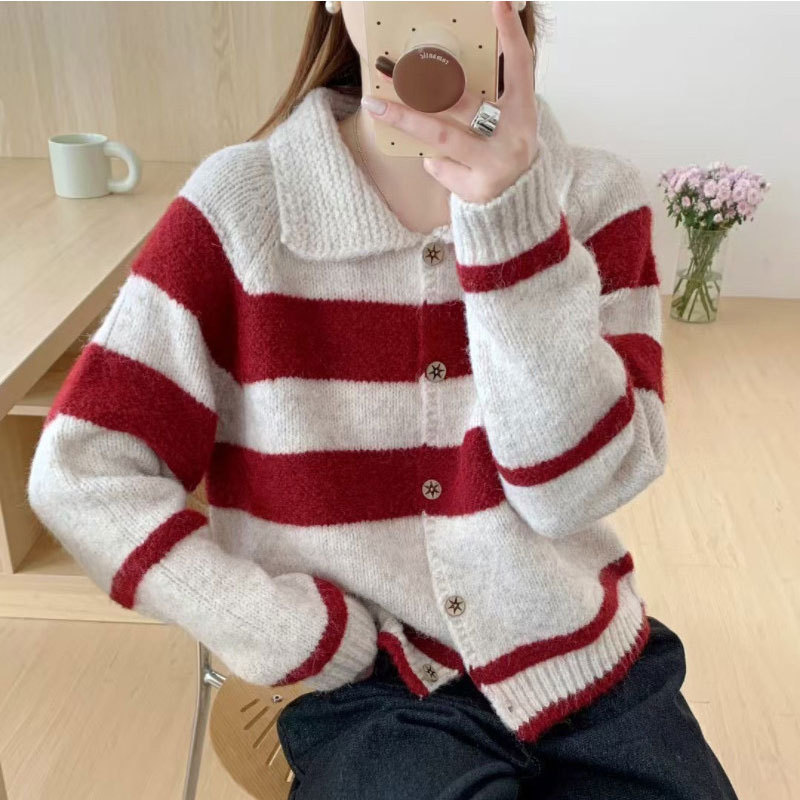 Coreano retro contraste a rayas suéter con solapa Cardigan abrigo de mujeres otoño invierno suelto viento perezoso camiseta de punto pequeña image 5