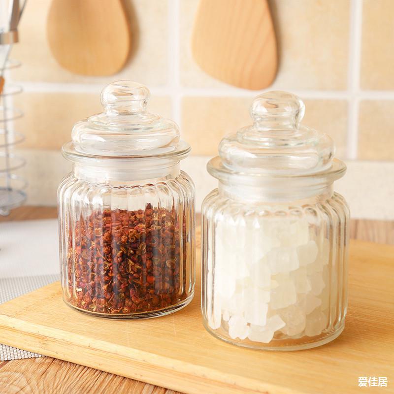 厨房玻璃密封罐竖条纹食品调料玻璃茶叶罐玻璃瓶储存罐