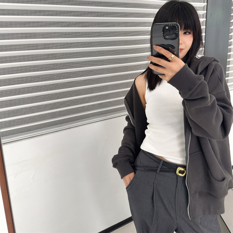 肌理感美式休闲连帽卫衣女宽松慵懒双拉链戴帽外套2025秋季新|undefined
