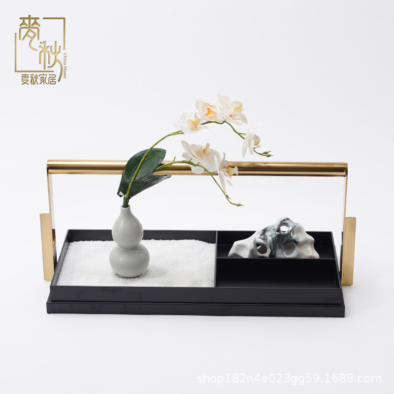 新中式现代金属提手托盘摆件家居软装搭配装饰品样板房家具城摆设