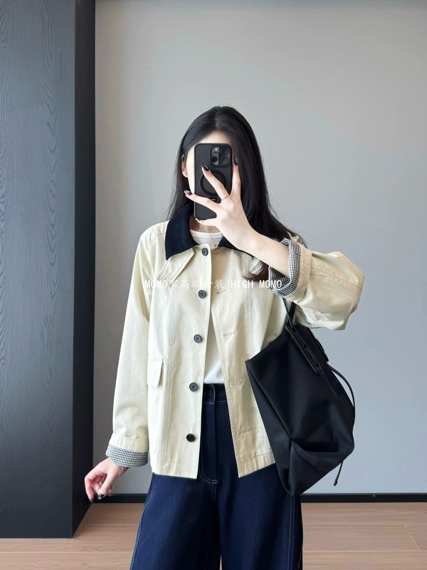 小禾+轻奢质感！灯芯绒翻领高支棉格纹内里长袖风衣外套女早秋|undefined