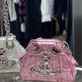 2025西太后休闲百搭爆裂纹银色金色星球链条包单肩腋下包包新款