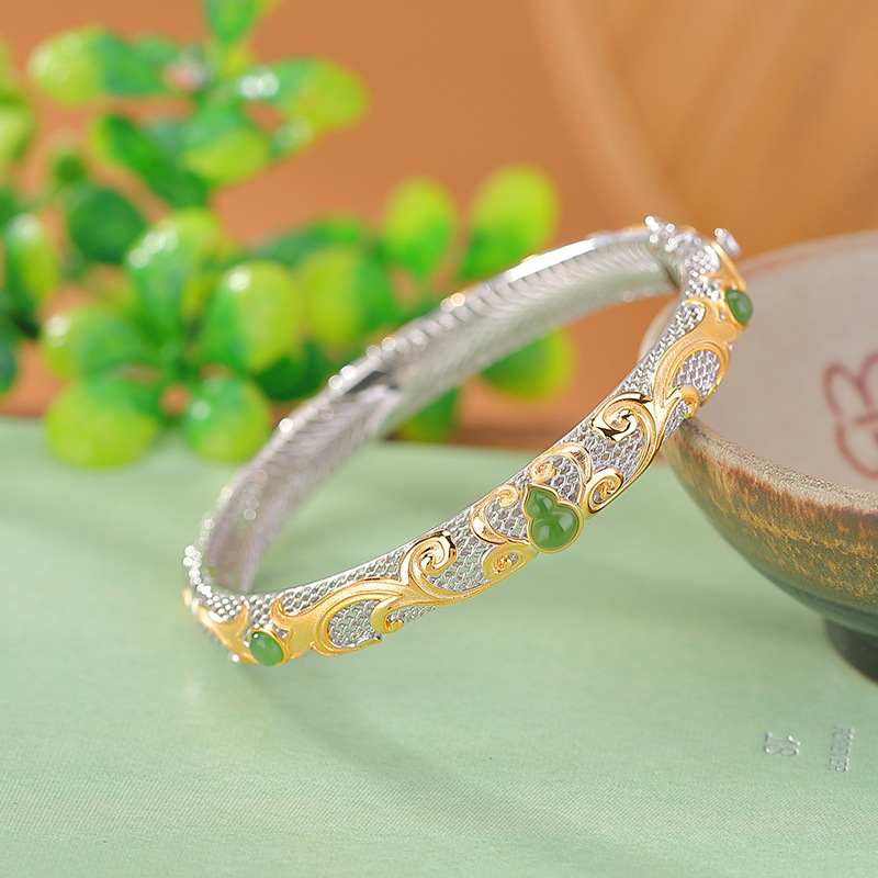 Vòng tay bạc S925 mạ vàng đính ngọc bích phong cách cổ điển họa tiết phúc lộc — Kiểu mạ tách màu