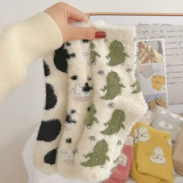 Cow Spotted Mink Velvet Autumn and Winter Plus Velvet Mink Velvet Socks Women's Warm Thickened Home Cute Girls Floor Socks