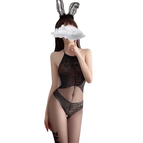 Manny's Sexy Intimate Lingerie: Elegant Black Sheer Halter-Neck Jumpsuit with Lettered Patchwork, Open Crotch—Drop Shipping Available, Model 7248