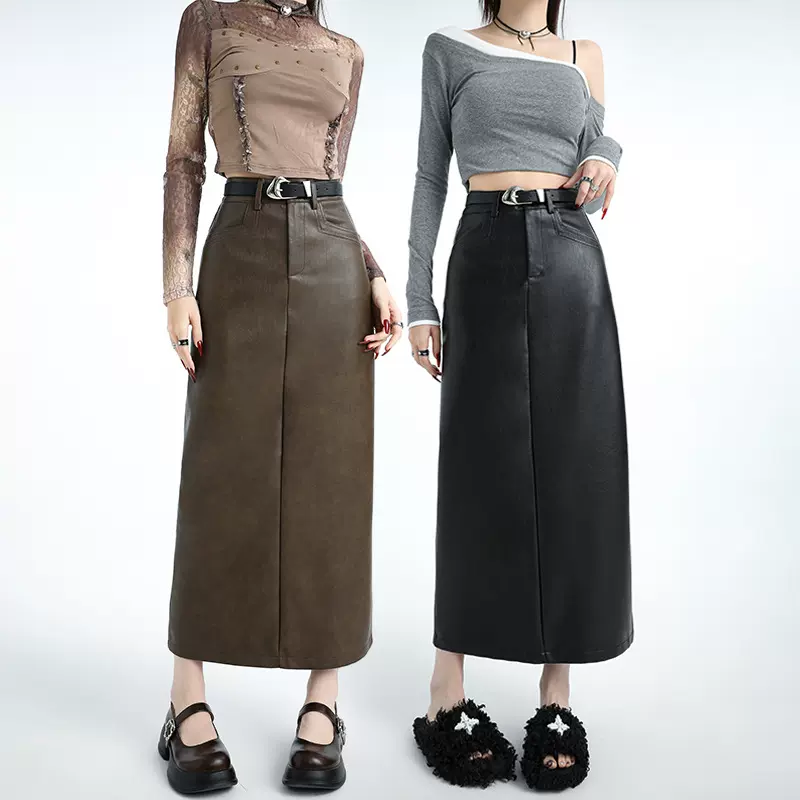 实拍高腰后开叉皮裙半身裙女秋冬2024新款A字中长款包臀直筒裙