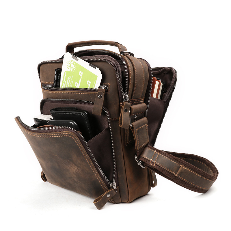 Bandolera de cuero genuino para hombre transfronterizo, mochila cruzada informal de piel de vaca retro para hombre, bolso cruzado multifuncional de gran capacidad