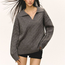 2025冬季新款慵懒风麻花翻领针织衫毛衣高级感跨境简约长袖上衣女