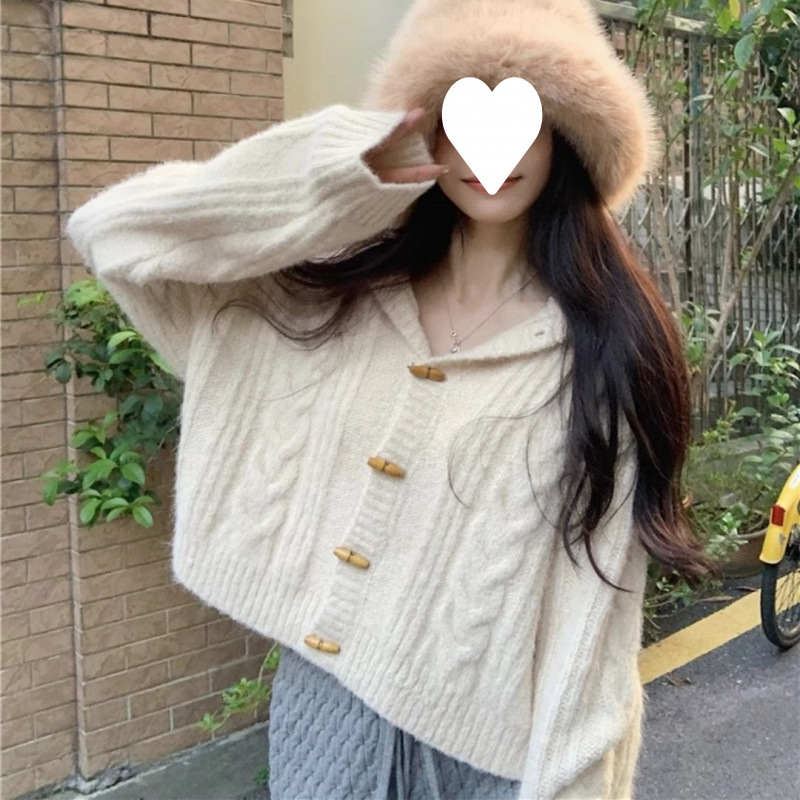 Corea del Sur a principios de otoño y invierno nuevo estilo Meilade corn hebilla con capuz cardigan suéter de mujer chaqueta de punto de tela de tela suave chaqueta pegajosa