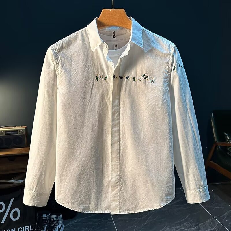 Spring and Autumn Leaf and Flower Embroidery Shirt Jacket for Men, Loose Casual White Shirt, Long-Sleeved Outerwear, Stylish