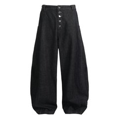 跨境美式排扣黑色原牛弯刀廓形牛仔裤男女宽松阔腿慵懒百搭长裤潮