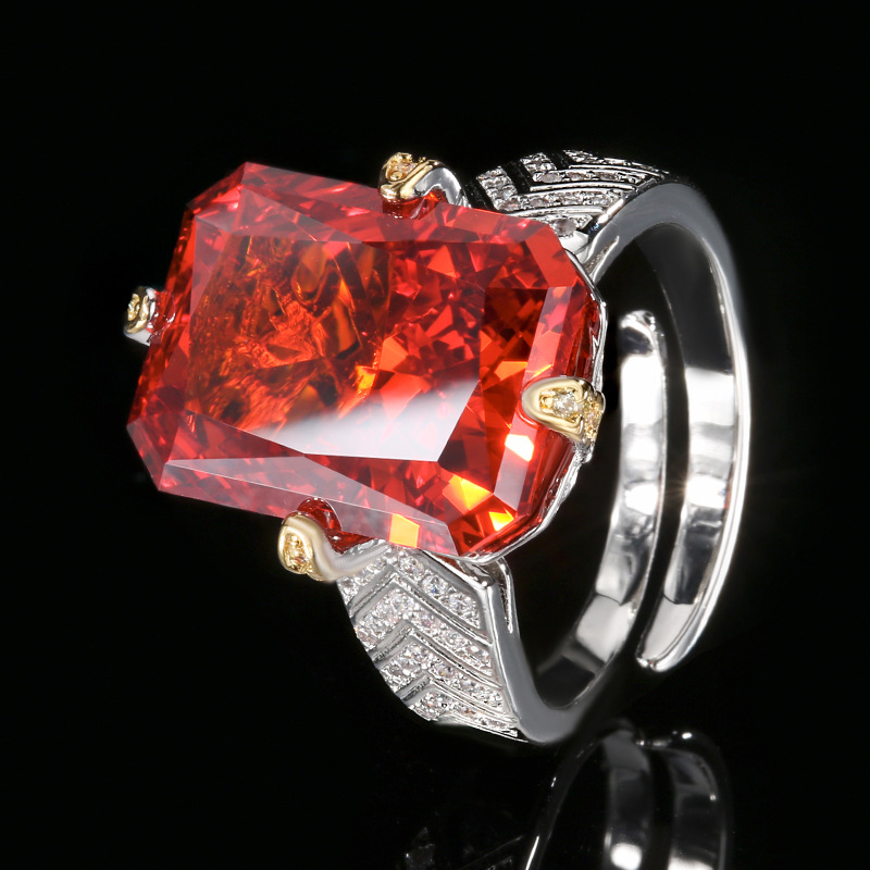 Otoño e invierno nuevo estilo Zhuangshengsheng joyería fondo de cobre chapado en oro con alto contenido de carbono diamante cuadrado flor de hielo anillo de estilo retro mujer 12*16