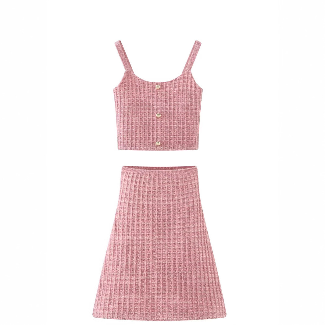 外贸批发 ZA女士纹理弹力高腰半身裙+吊带短上衣5063341 5063342