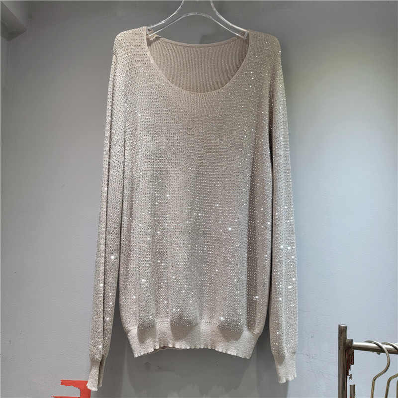 Suéter de perforación caliente de la industria pesada europea, mujer de cuello redondo brillante, chaqueta larga y media, nueva camiseta de punto de otoño y invierno es delgada. image 7