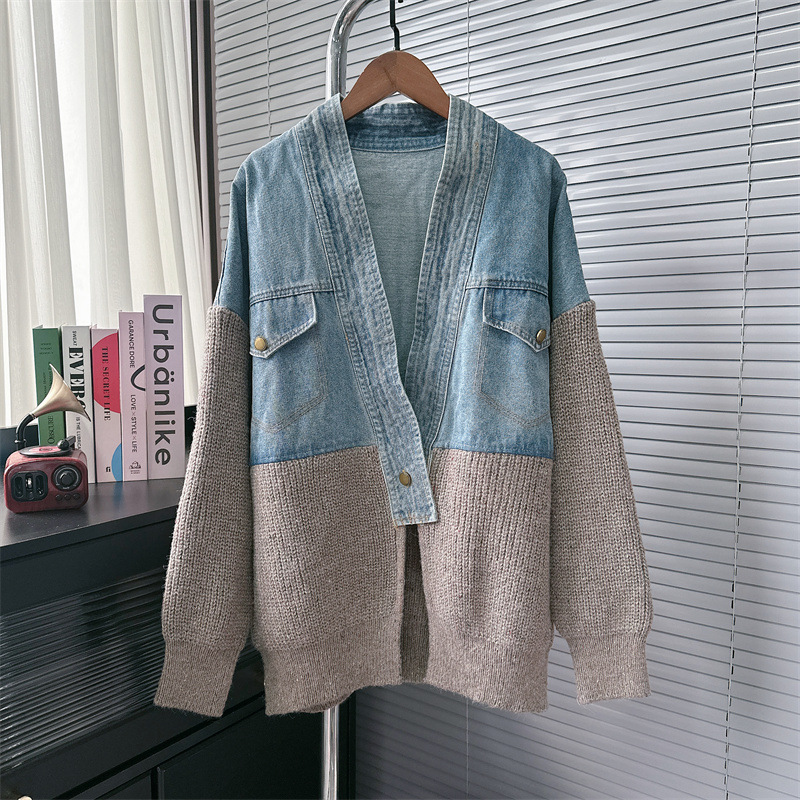 Damenbekleidung Denim-Nähte Design Strickjacke Herbst und Winter neue koreanische Art und Weise lose Pulloverjacke_voghion.com