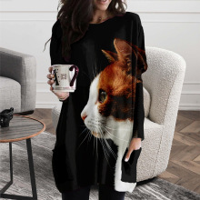 新款猫咪圆领中款宽松连衣裙简约素雅亚马逊外贸女装欧美风