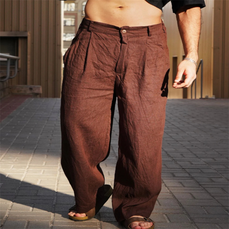 Men's spring and summer linen pleated wide leg pants mid-waist breathable jogging pants,