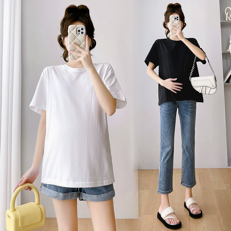 Хлопковая футболка для беременных сплошной цвет свободный большой размер дикий топ для беременных