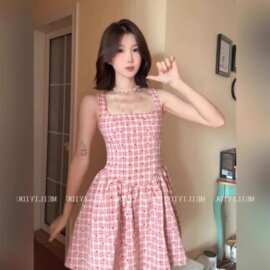 法式甜美粉色格纹无袖韩系连衣裙女夏甜美俏皮少女感A字裙短裙女