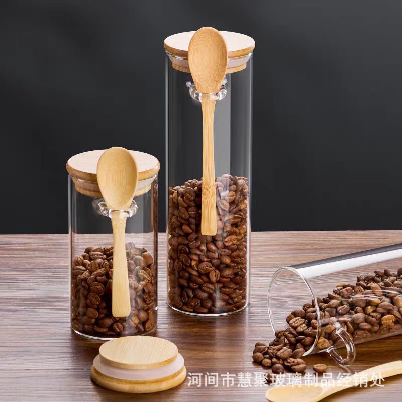 Tarro de vidrio redondo sellado Tarro de almacenamiento de granos de café doméstico con cuchara de madera botella de condimento conjunto de tanque de almacenamiento de alimentos de cocina