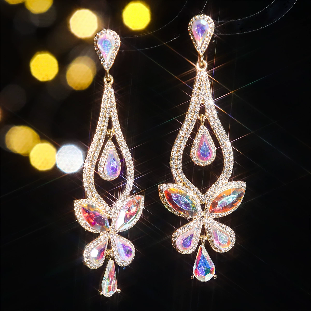 European and American cross -border luxury temperament glass rhinestone ears women with exaggerated water drop earrings earrings earrings