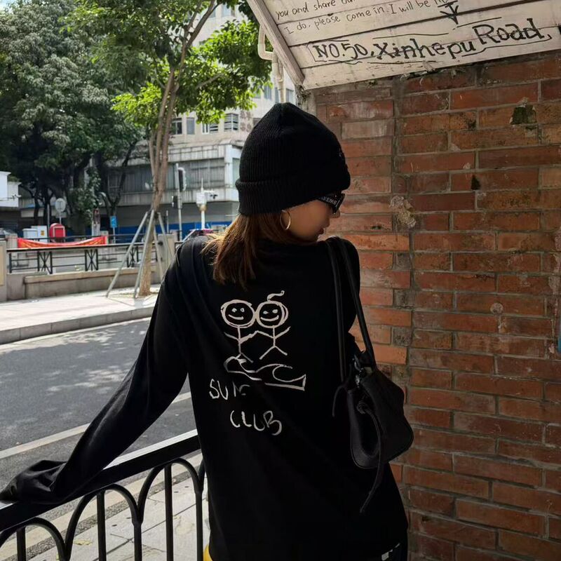 Correct version! Urban minimalist stickman hand-drawn front and back print pure cotton versatile spring and autumn long-sleeve T-shirt for women Correct version! Urban minimalist stickman hand-drawn front and back print pure cotton versatile spring and autumn long-sleeve T-shirt for women