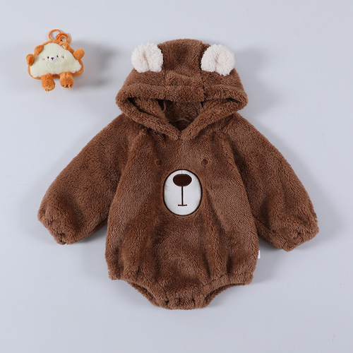  Autumn/Winter New Cute Bear Baby Toddler Onesie Triangular Hooded Sweat Suit with Double Fleece Warmth Climbing Suit