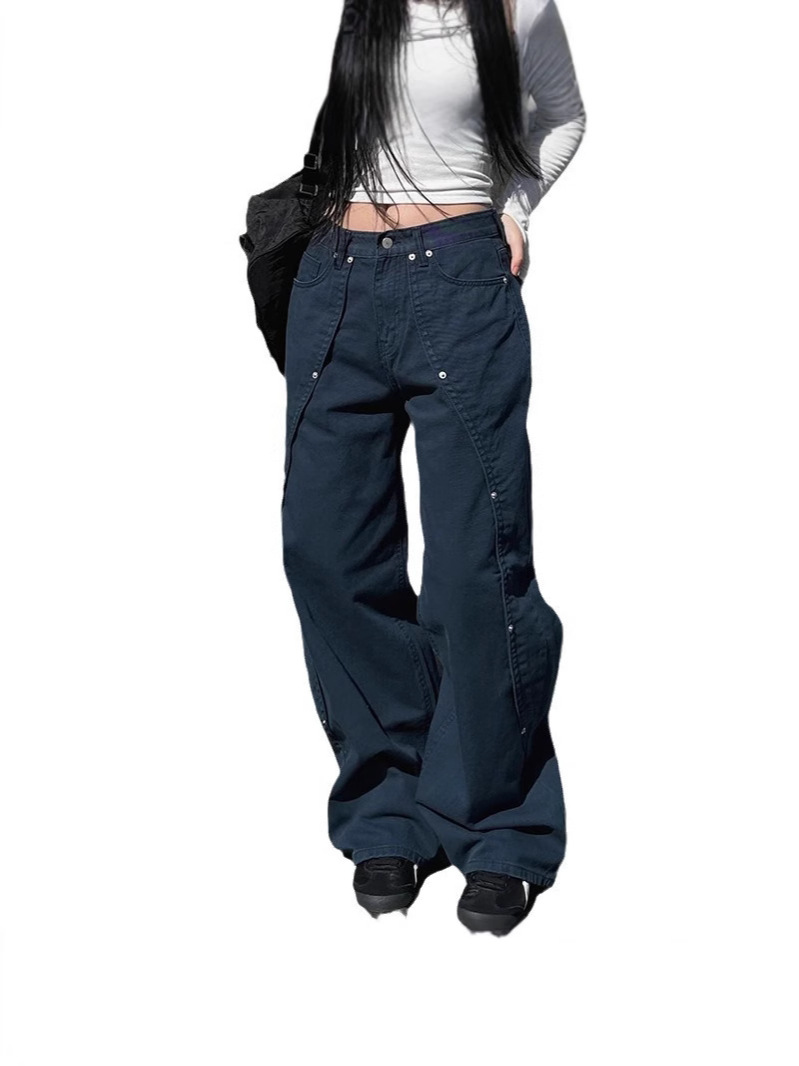 Estilo americano calle dulce y fresco diseño de remaches irregularmente sueltos jeans rectos moda femenina todo fósforo color sólido casual