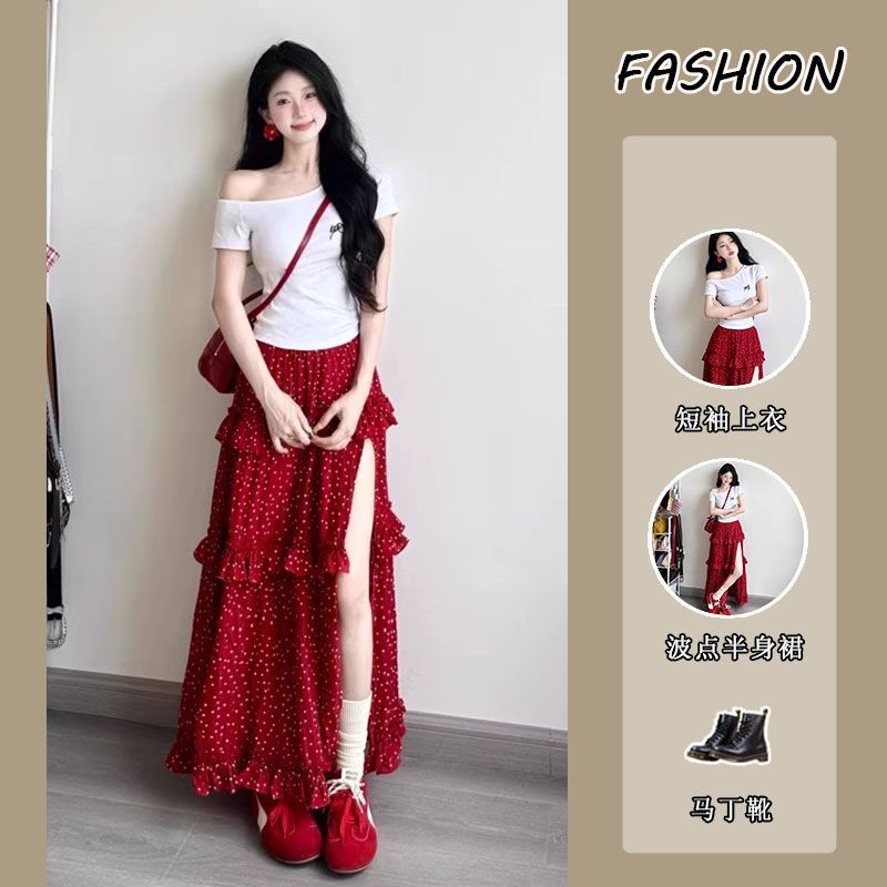 Pure Lust Hot Girl Suit Women's 2025 Summer One-Shoulder Short-Sleeved T-Shirt Top Polka Dot Design Skirt Trendy