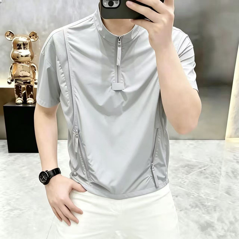 Summer New Style Men's Stand-Up Collar Half-Zip Mesh Breathable Short-Sleeved Outdoor Black Warrior Loose Casual Quick-Drying Shirt