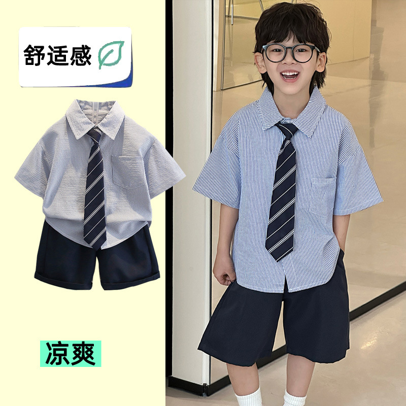 7945 vestido de corbata universitaria infantil 2024 verano nuevo estilo traje para niños y niñas tesoro para hombres camisa del día del niño traje de rendimiento