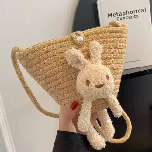 Cute Rabbit Crossbody Cotton Wire Woven Bag, New Crossbody Bucket Grass Woven Bag, Vacation Beach Bag, Versatile Women's Bag