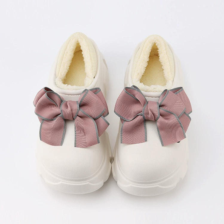 Модные хлопковые тапочки с бантом, женские зимние толстые подошвы, верхняя одежда на флисовой подкладке, Теплая Платформа, высокий каблук, непромокаемая сумка, каблук, хлопчатобумажная обувь