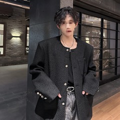 跨境批秋男款小香风无领垫肩西装外套设计感宽松潮流百搭夹克