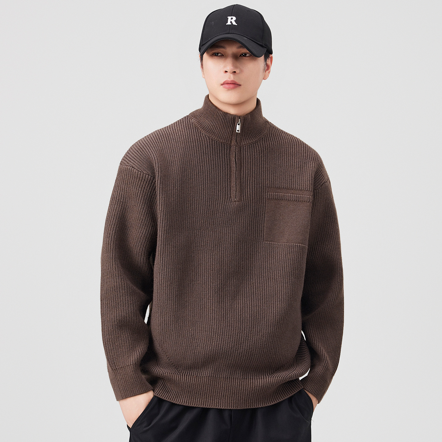 Camisas de punto de cuello vertical con medio cremallera para hombres retro americano suelta otoño y invierno 2025 nuevo suéter de moda pareja de moda