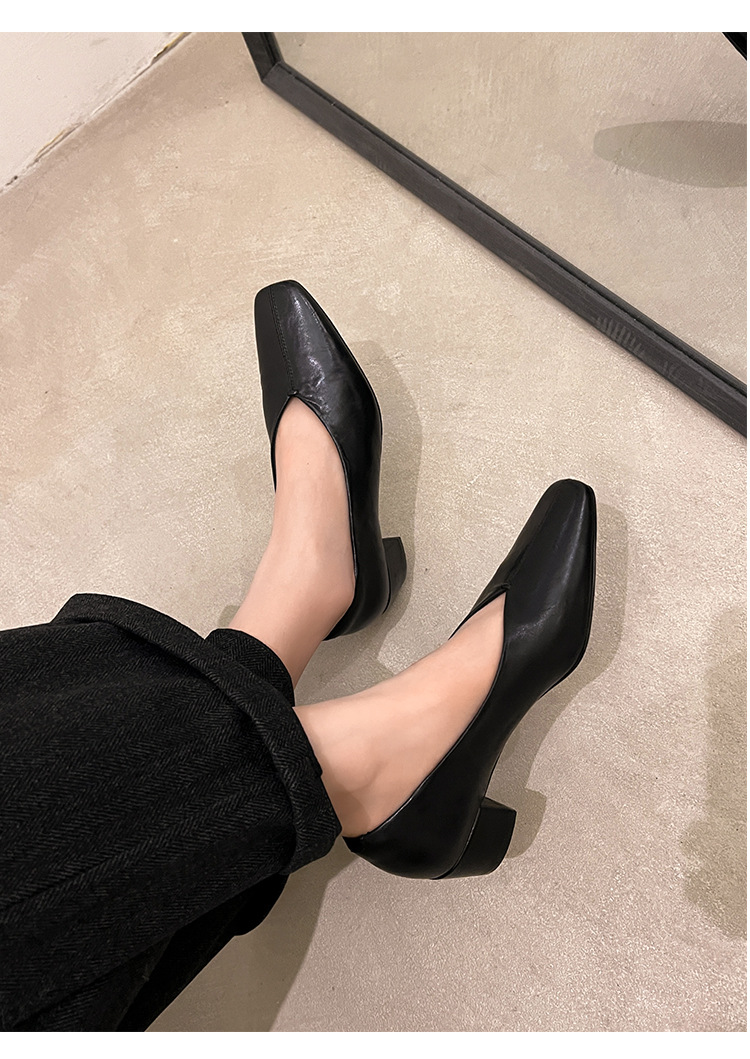 Giày nữ da bò gót vuông cổ V mũi nhọn, phong cách bà nội (granny shoes) đế thấp, đi làm hằng ngày — màu nâu chi tiết 13
