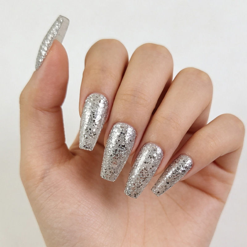 Cross-Border Best-Selling Glittering Silver Nail Art, Cool and Eye-Catching Wearable Nail Tips, 24-Piece Set of Finished Nail Stickers