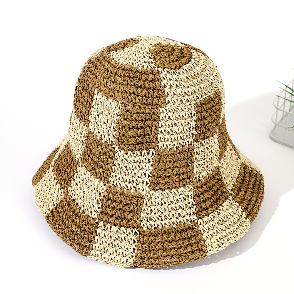 Sombrero de paja francés de verano a prueba de sol playa tablero de ajedrezado