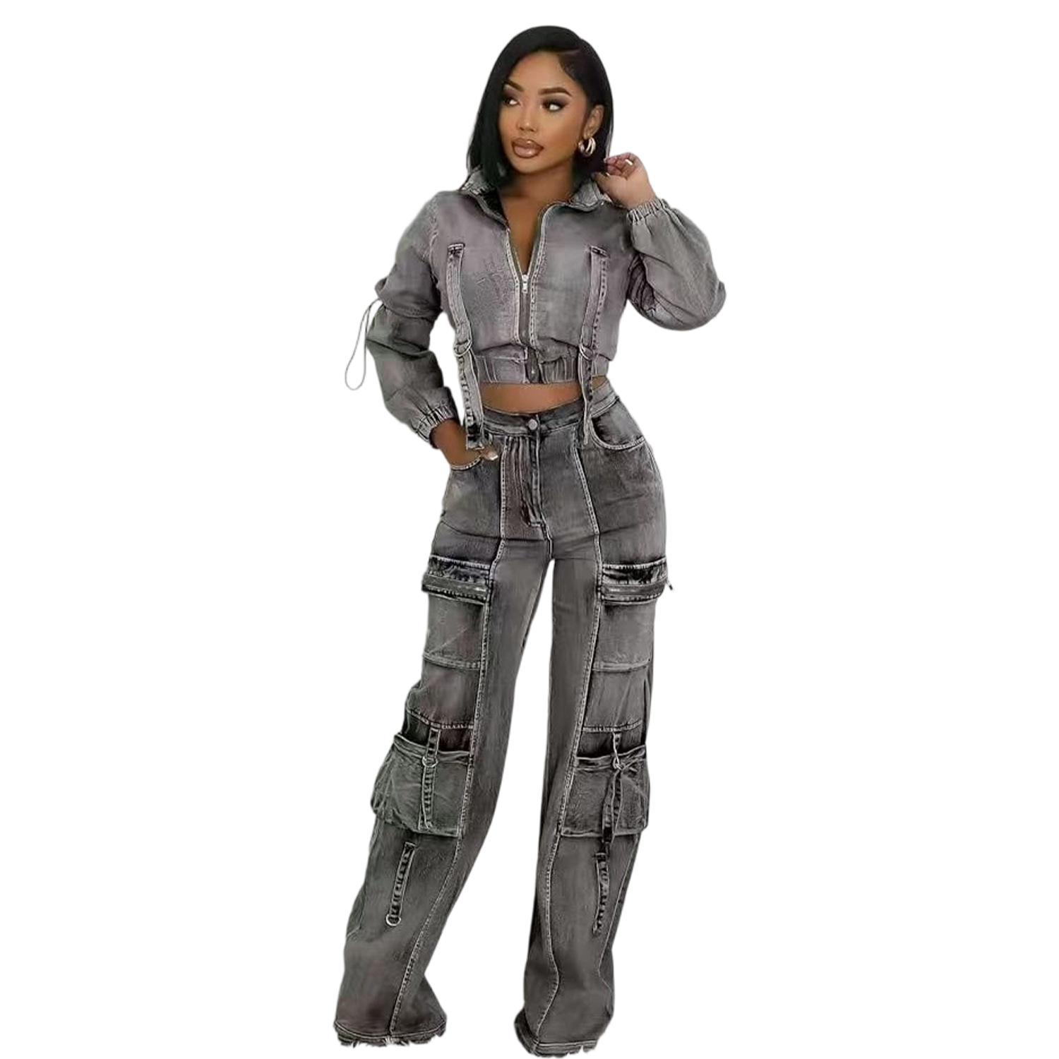 Dam denim set med stretch och högmidjade utility-byxor_voghion.com