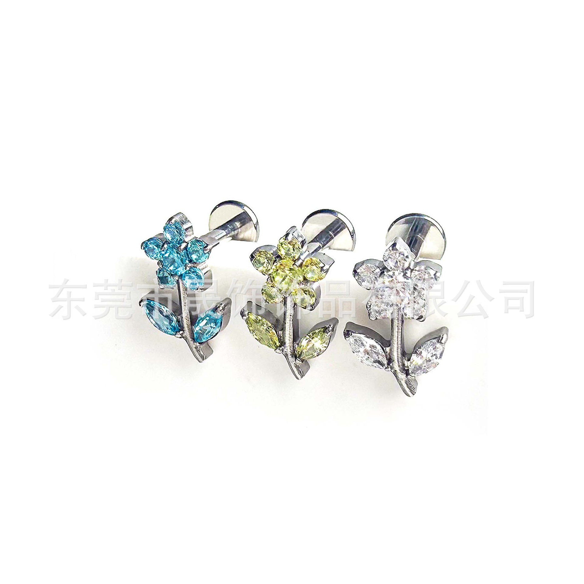 F136 Titanium Flower Ear Stud Studded Cubic Zirconia G23 Implant Grade Titanium 内牙 Labret Stud 人体 Piercing Jewelry Helix Cartilage Stud