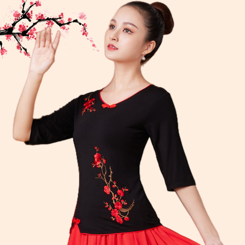 9206 Plum Blossom Embroidered Top Modal Square Dance Costume Short Sleeve Middle-Aged Dance Wear Dancing Clothes