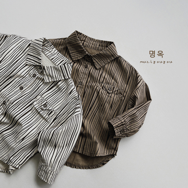 Estilo coreano ~ camisa para niños 2024 primavera niños rayas verticales superior personalizada de las mujeres estilo japonés coreano ropa de moda para niños