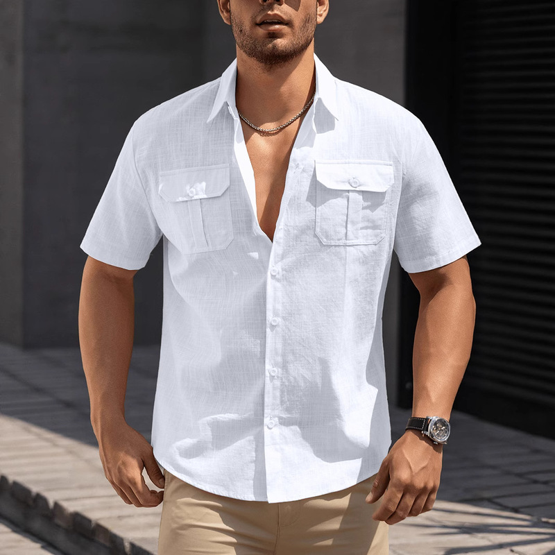 Cross-border Men's Short-sleeved Cotton Shirt Summer Lapel Double Pocket European and American Foreign Trade Shirt Fashion European Size Top Cross-border Men's Short-sleeved Cotton Shirt Summer Lapel Double Pocket European and American Foreign Trade Shirt Fashion European Size Top