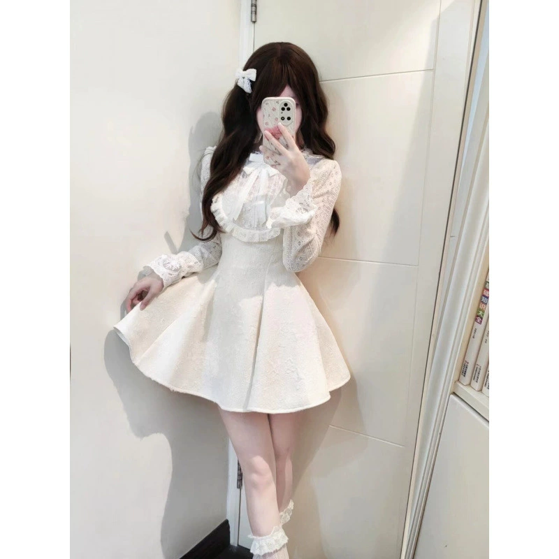 Осенне-зимний французский милый маленький ароматный костюм «Первая любовь», юбка, элегантная женская юбка с кружевной талией, сказочная юбка для дочери