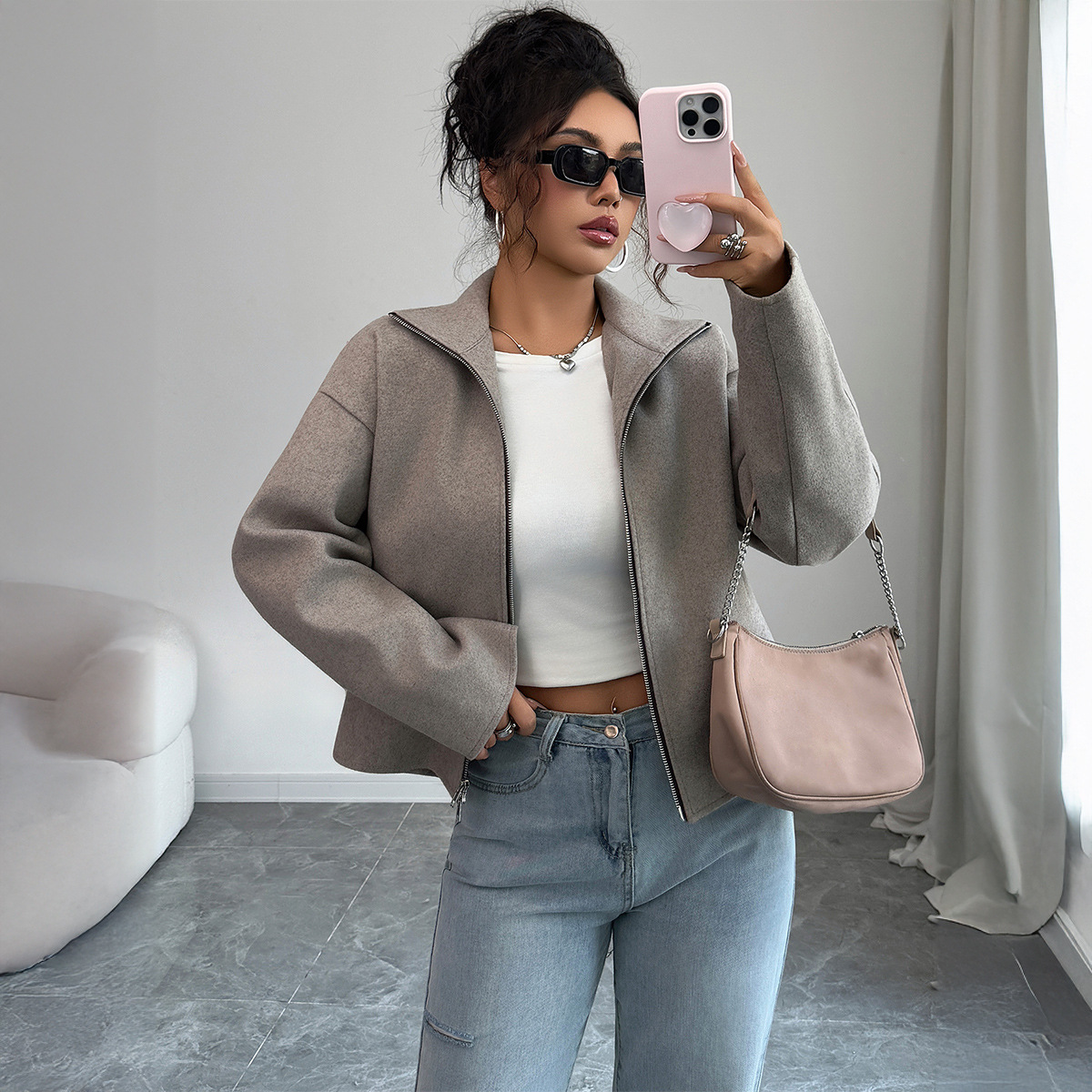 ​​Elegant Dusty Rose Zip-Up Jacket For Women – Slim-Fit Long Sleeve Blazer Coat Versatile Layering Dusty Rose_ecoleips.com