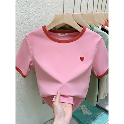 girl Embroidery love T-shirt 2022 summer new pattern CUHK have cash less than that is registered in the accounts Short sleeved jacket girl Western style half sleeve