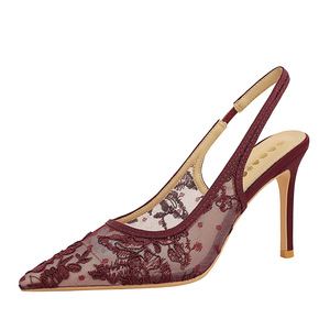 312-6 European and American banquet high-heeled shoes for women, with shallow mouth hollow lace mesh and back strap, thi
