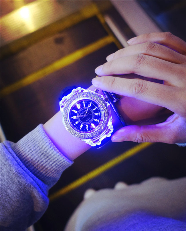 Luminous luminous personality rhinestone led Harajuku Korean fashion trend men and women students couple jelly quartz watch_voghion.com
