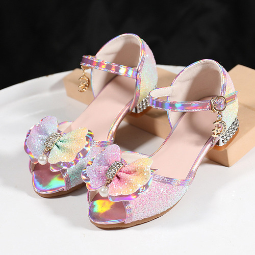  New Ice and Snow Rainbow Dream Girls' High Heels Children's Princess Sandals Bowknot Kids' Shoes Crystal Heels
