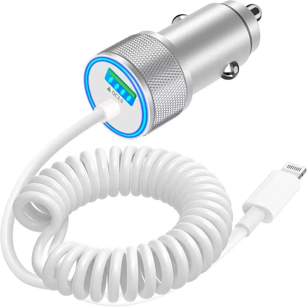 Car Charger Dual Fast Charging Metal Material Super Qc3.0 Spring Cable Suitable for Apple Flash Charging